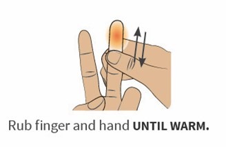 diagram of a hand rubbing the middle finger until it becomes warm