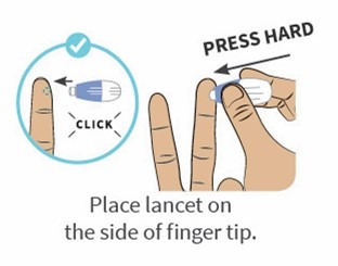 diagram of placing a lancet against the finger tip and pressing