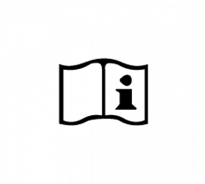 black and white icon of an open book with an information letter "i" on the right page